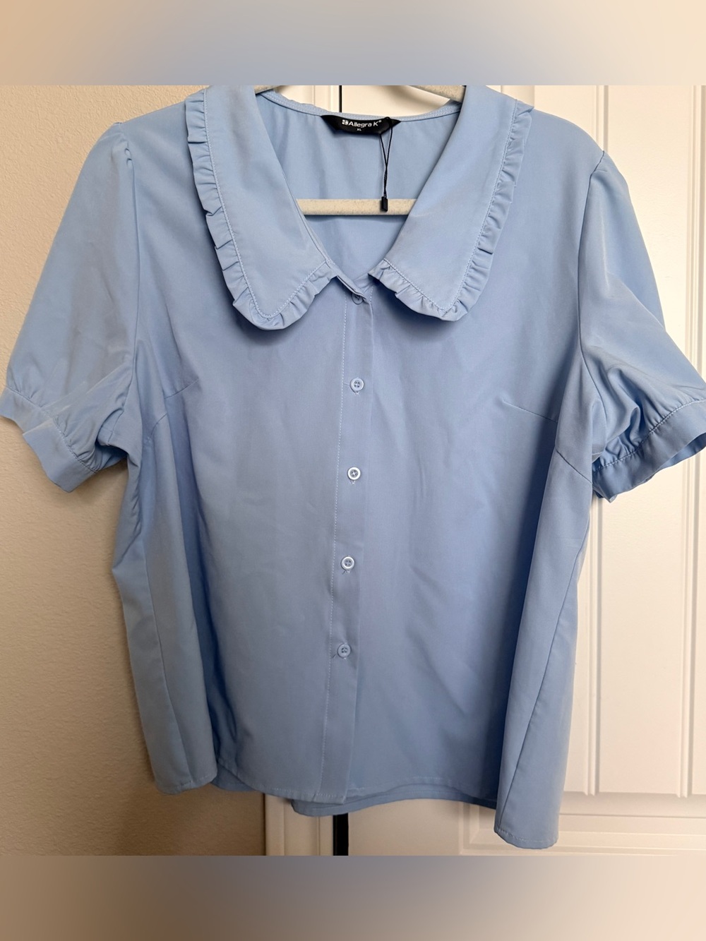 Allegra K Light Blue Blouse with Ruffle Collar Size XL